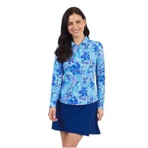 Ibkul Top Womens XXL Blue Allie Floral Mock Neck Golf Athletic Tropical Resort